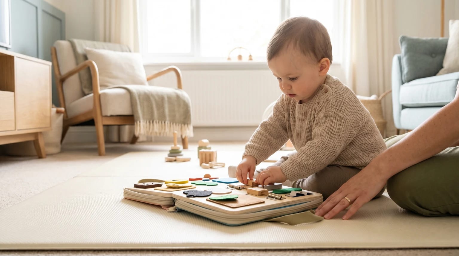 A toddler in a knitted jumper kneels on a play mat, playing with a wooden busy board as a parent sits beside them in a bright living room.