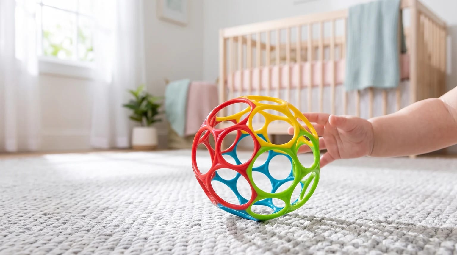 A baby's hand reaches for a colourful Oball toy on a soft rug in a bright nursery with a cot in the background.