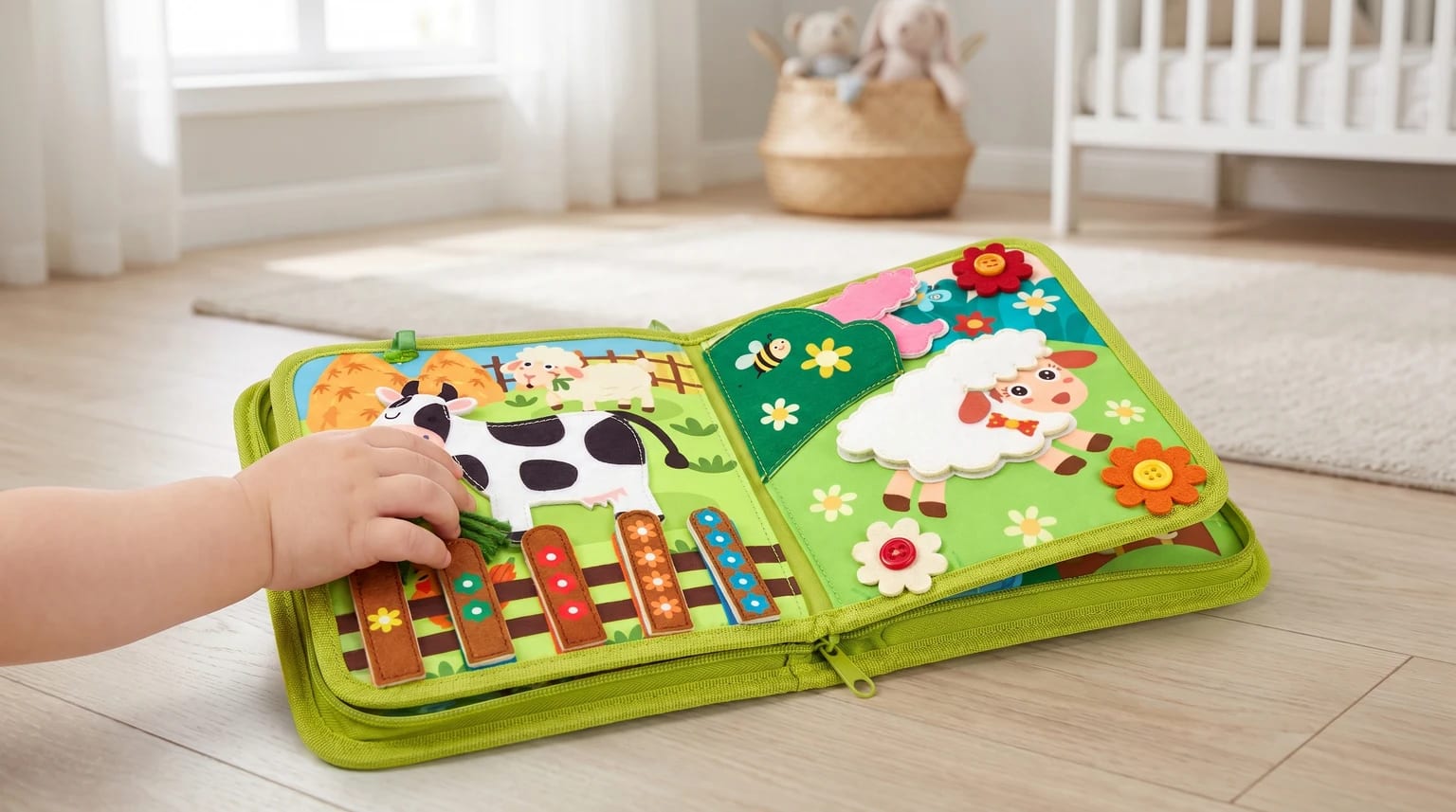 A toddler's hand touches a felt cow inside a green, farm-themed fabric busy book laid open on a wooden floor.