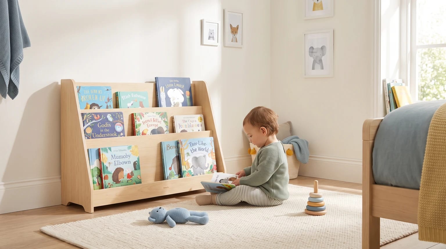 A young child sits on a pale rug in a bright bedroom, looking at a picture book beside a low wooden bookcase.