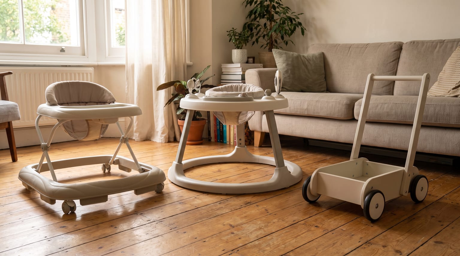 Three empty baby-walker formats in a living room: a mobile sit-in walker, a stationary activity centre and a push-along walker.