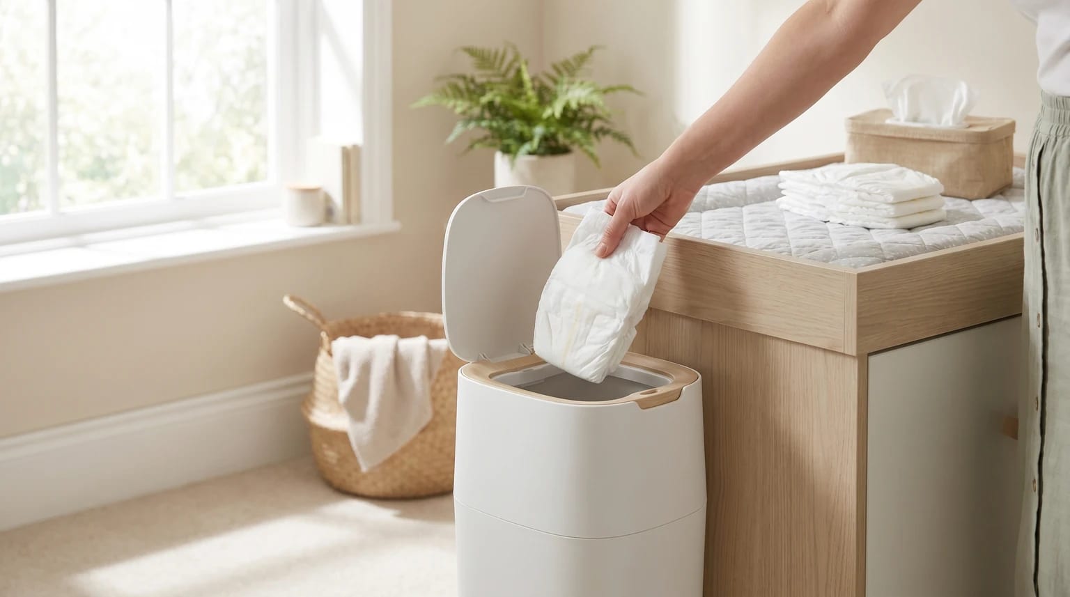 A person places a used nappy into a white, lidded bin beside a changing table in a sunlit nursery.