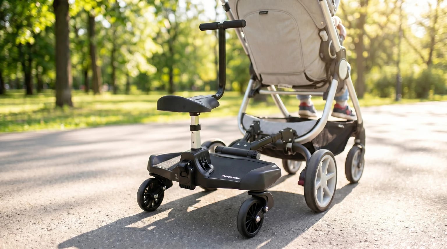 A black buggy board with a seat and handlebars attached to a grey pushchair on a path in a sunlit park.