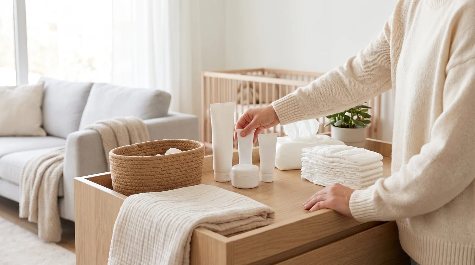 A parent in a cream jumper arranges creams and a stack of nappies on a wooden changing table in a tidy nursery.