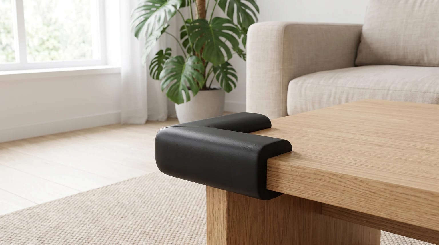 A thick black foam corner cushion fitted onto the edge of a light wood coffee table in a modern living room.