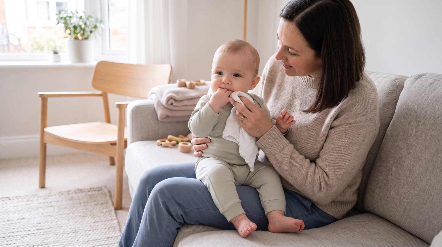 Parent gently wiping a calm baby's chin as the baby brings their fingers towards their mouth.