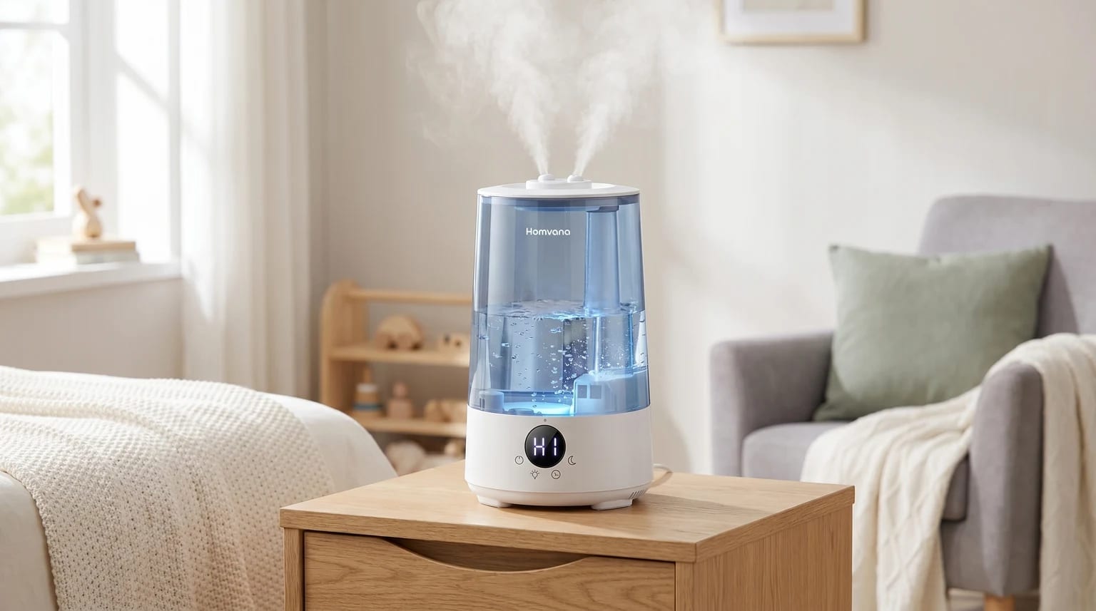 A Homvana cool mist humidifier with a blue tank sits on a wooden bedside table in a bright nursery.