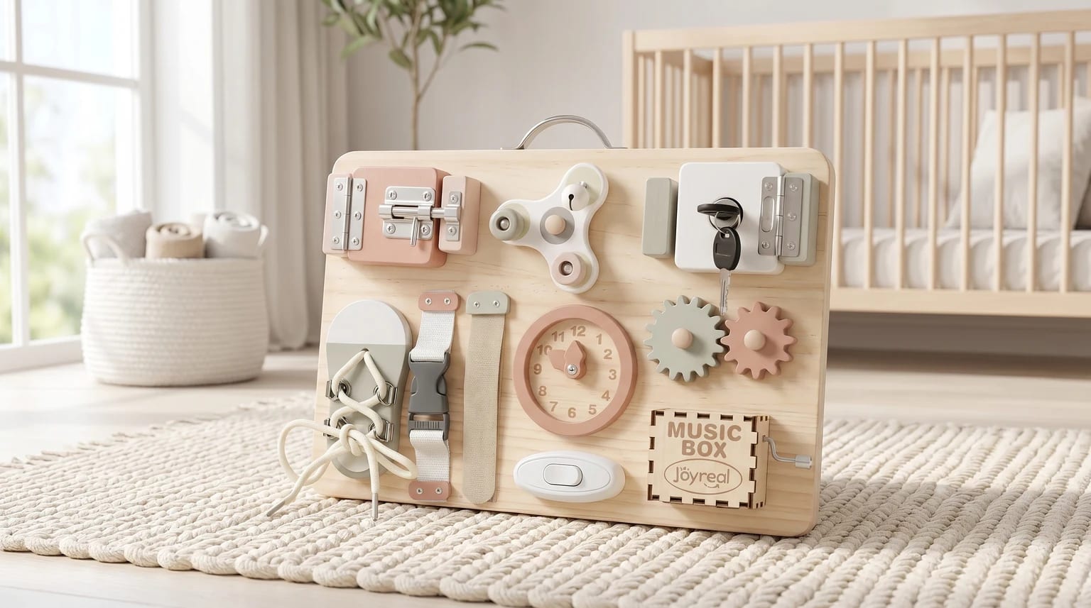 A wooden busy board with pastel-coloured locks, cogs, and a clock, resting on a woven rug in a bright, modern nursery.