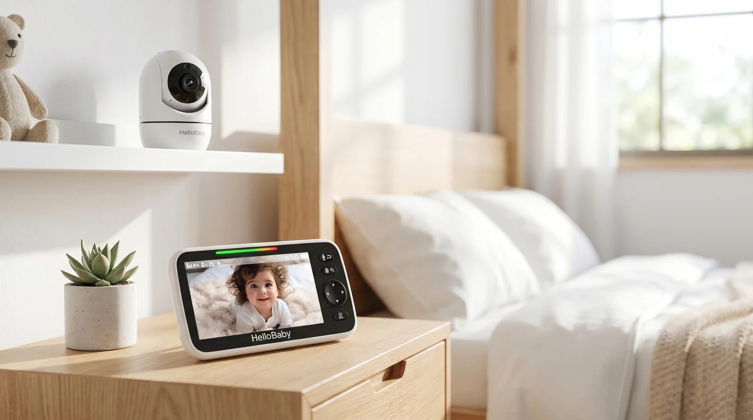 A baby monitor's parent unit on a wooden bedside table, showing a clear image of a smiling baby. The camera unit sits on a white shelf in the background.