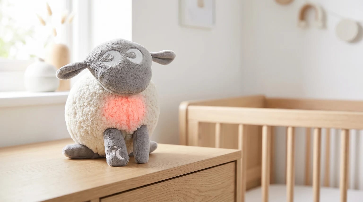 A fluffy sheep sleep soother with a soft pink glowing chest, sitting on a wooden chest of drawers in a nursery with a cot in the background.
