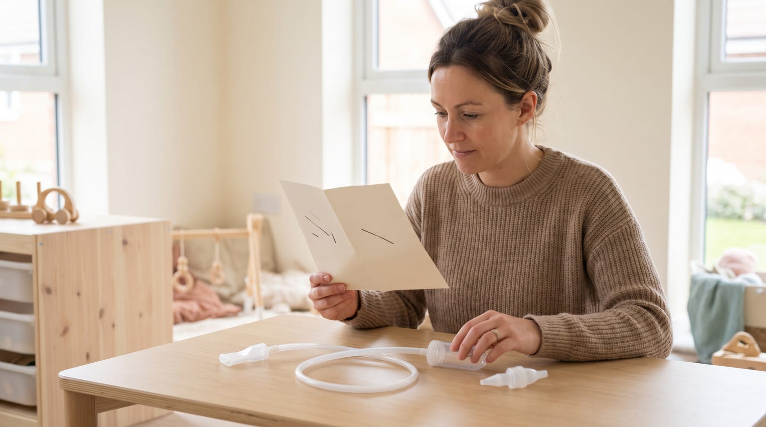 A carer checks the instructions and clean parts of a baby nasal aspirator before use.
