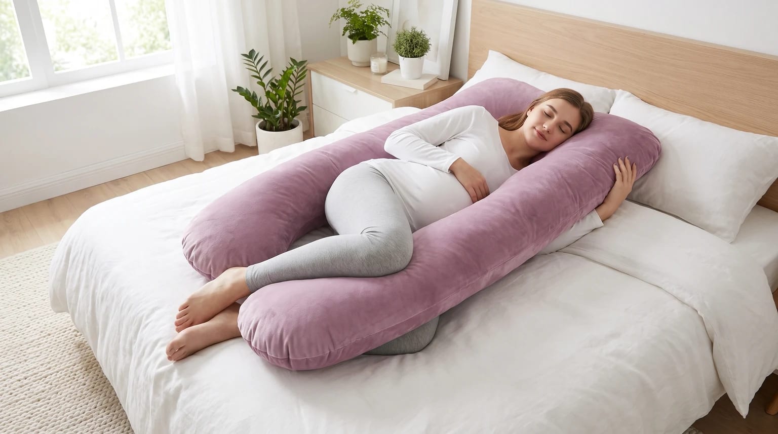 A pregnant woman sleeping peacefully on her side in a bed, comfortably supported by a large, U-shaped mauve pregnancy pillow.