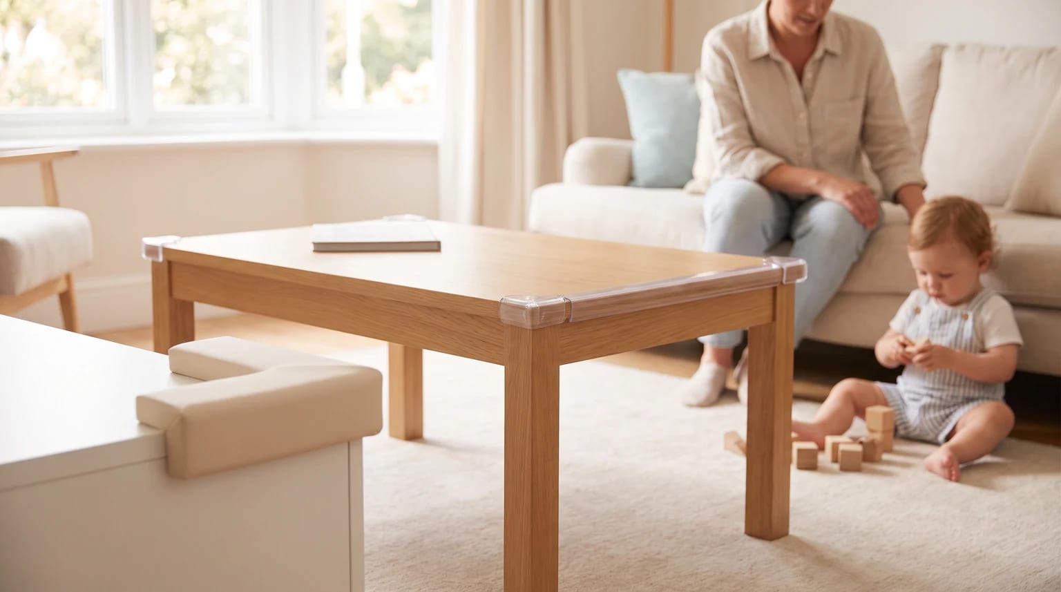 A living room with clear corner protectors on a wooden coffee table and a foam guard on a white unit, while a baby plays on the floor nearby.