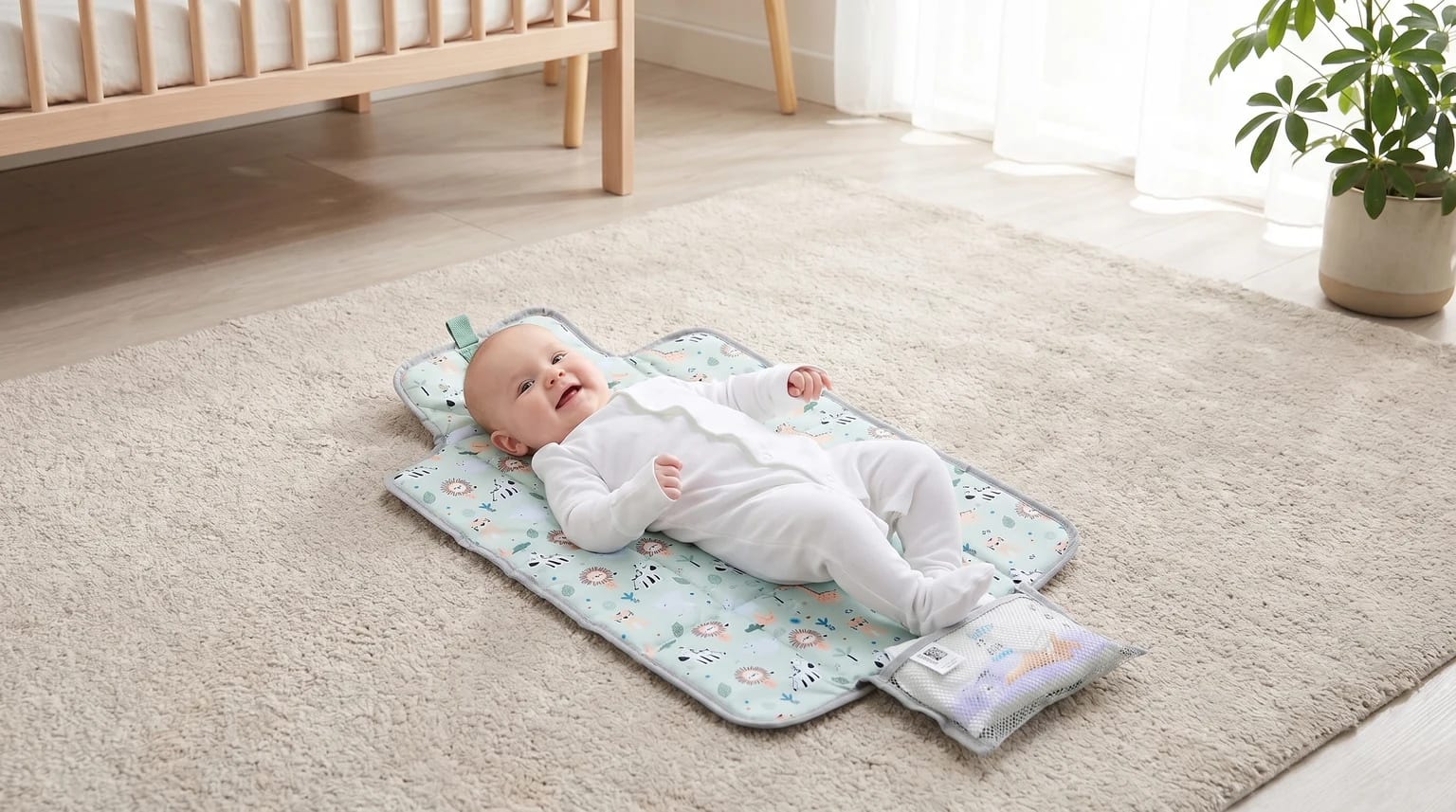 A smiling baby in a white babygrow lies on a portable nappy changing mat with a safari animal print, laid out on a soft rug in a nursery.