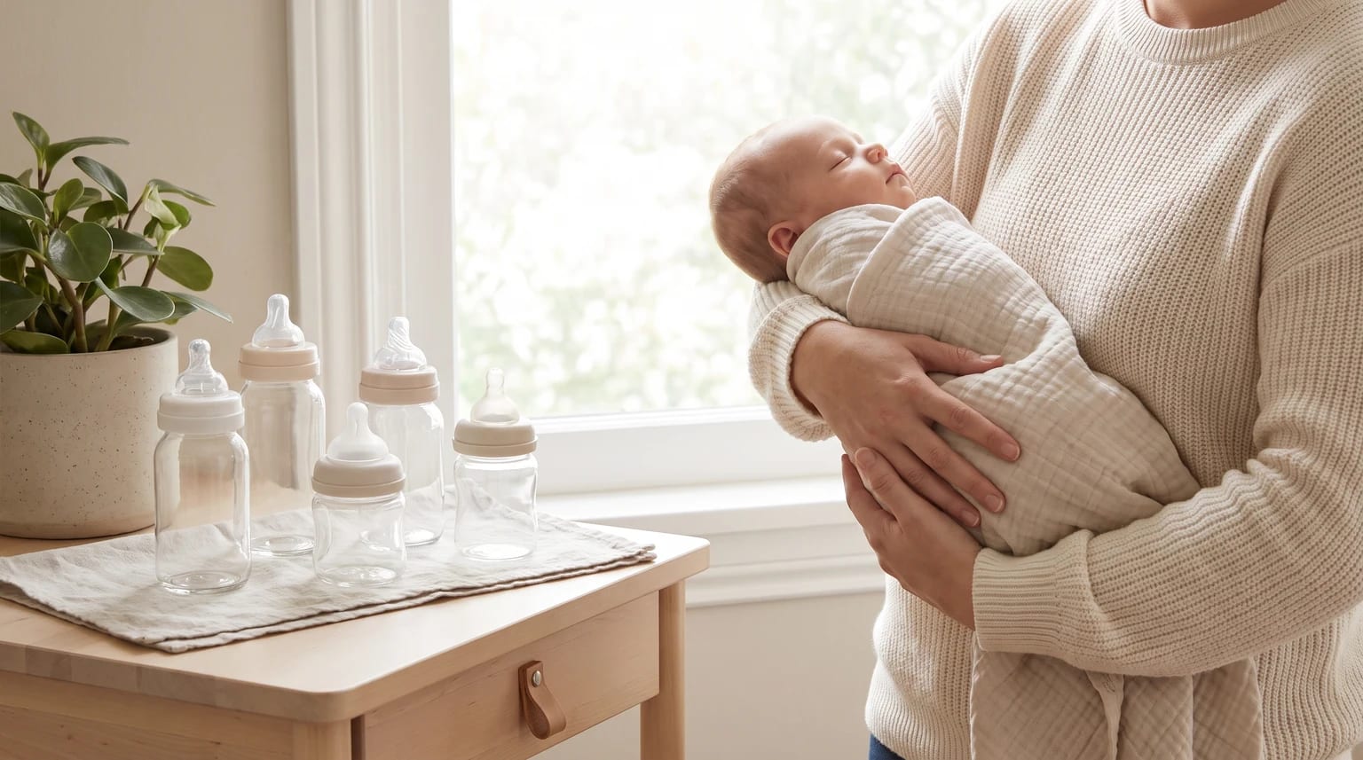 A person wearing a cream jumper holds a sleeping newborn baby. Beside them, several clean baby bottles are arranged on a wooden side table.