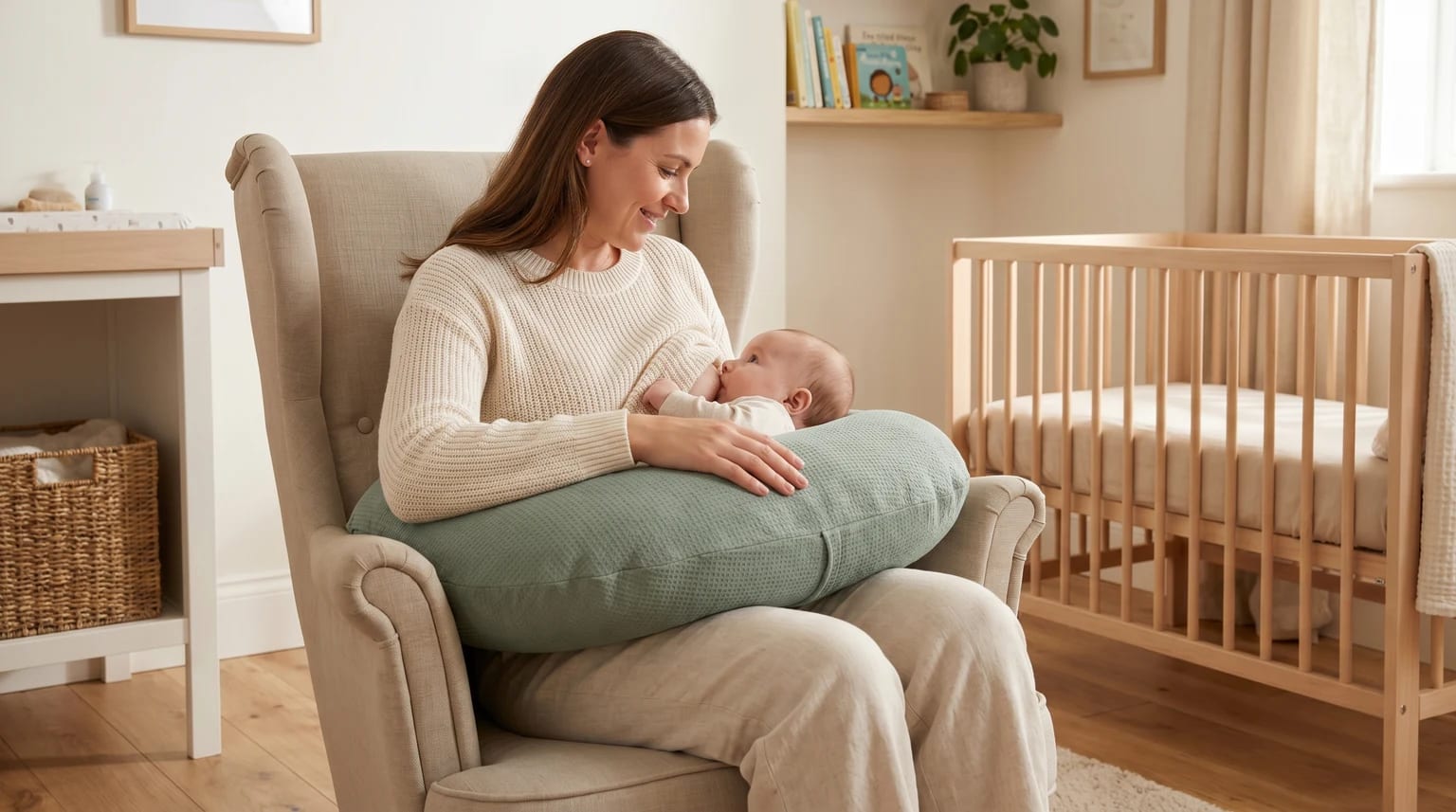 A mother smiles at her baby while breastfeeding in a comfortable armchair, using a large, green pillow for support in a light-filled nursery.