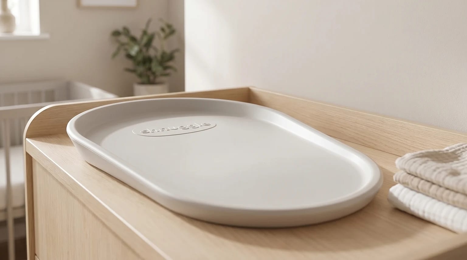 The light grey Shnuggle foam changing mat sits on a wooden changing unit, with a cot visible in the background.