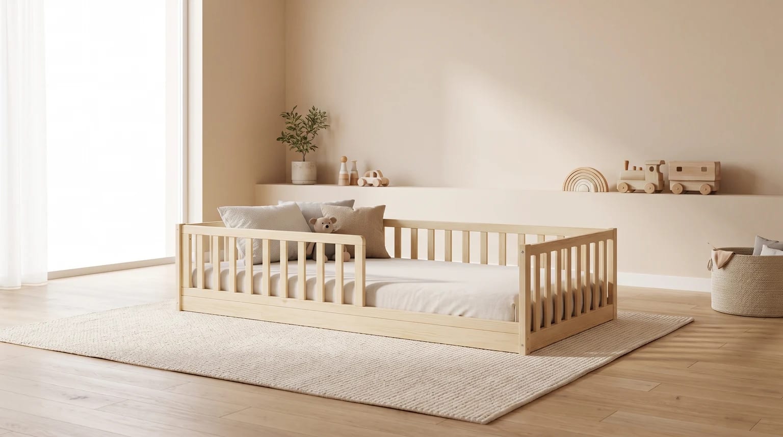 A light wood toddler floor bed with slatted safety rails sits on a woven rug in a calm, neutrally decorated child's bedroom.