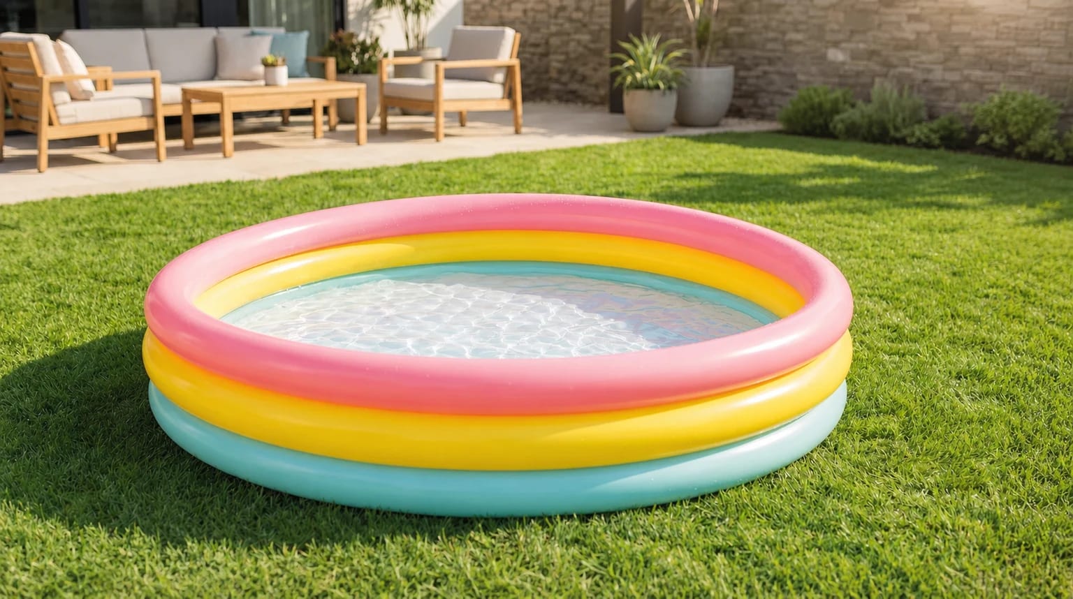 A colourful three-ring inflatable paddling pool filled with clear water on a sunny garden lawn.