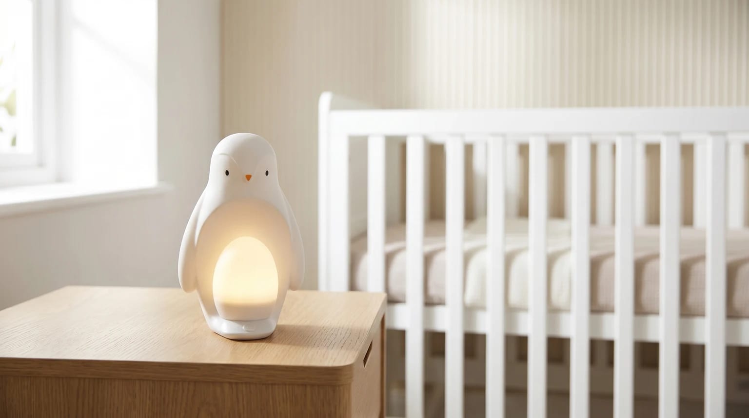 A white penguin-shaped nursery light casting a warm glow from a wooden table, with a baby's white cot in the background.