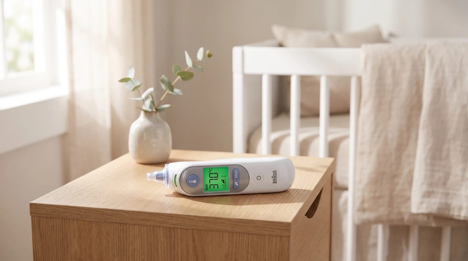 A Braun ear thermometer on a wooden bedside table in a nursery. Its lit-up green screen shows a temperature reading of 37.0°C.