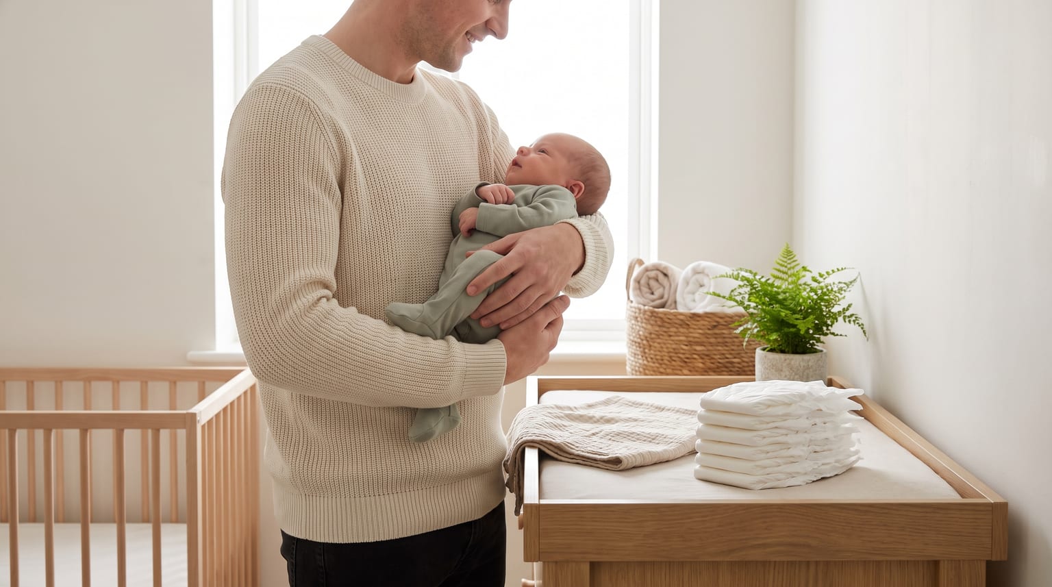 A father in a cream jumper holds his newborn baby in a brightly lit nursery, standing beside a wooden changing table with a stack of nappies on it.