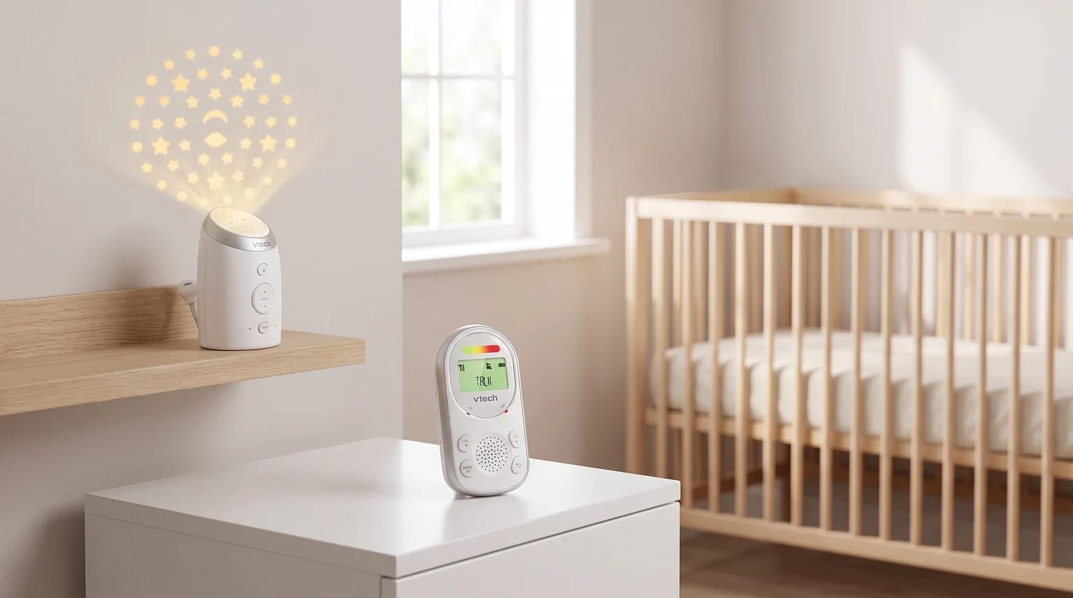 A VTech audio baby monitor in a nursery. The baby unit projects a starry nightlight onto the wall, while the parent unit sits on a cabinet beside a wooden cot.