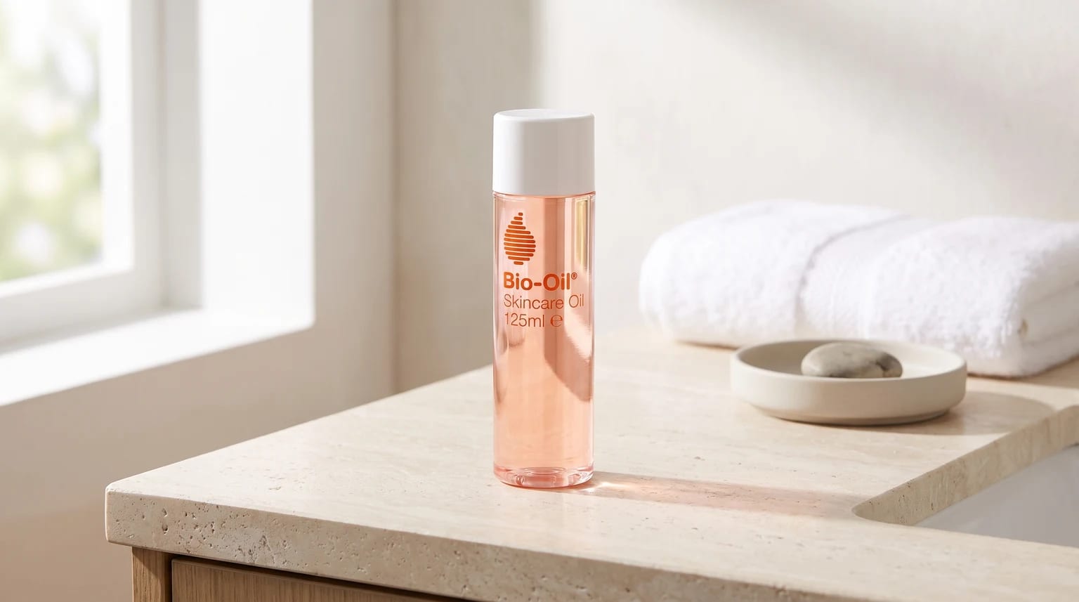 A bottle of Bio-Oil Skincare Oil standing on a stone bathroom counter, with a white towel and window in the bright background.