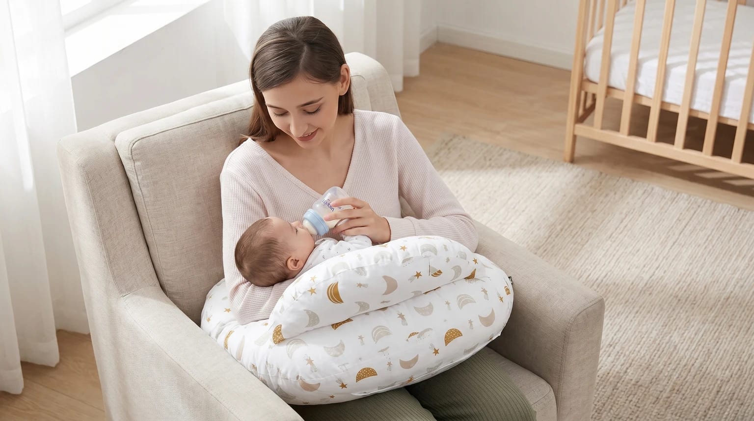 A mother sits in an armchair, bottle-feeding her baby who is comfortably supported by a nursing pillow with a moon and star pattern.