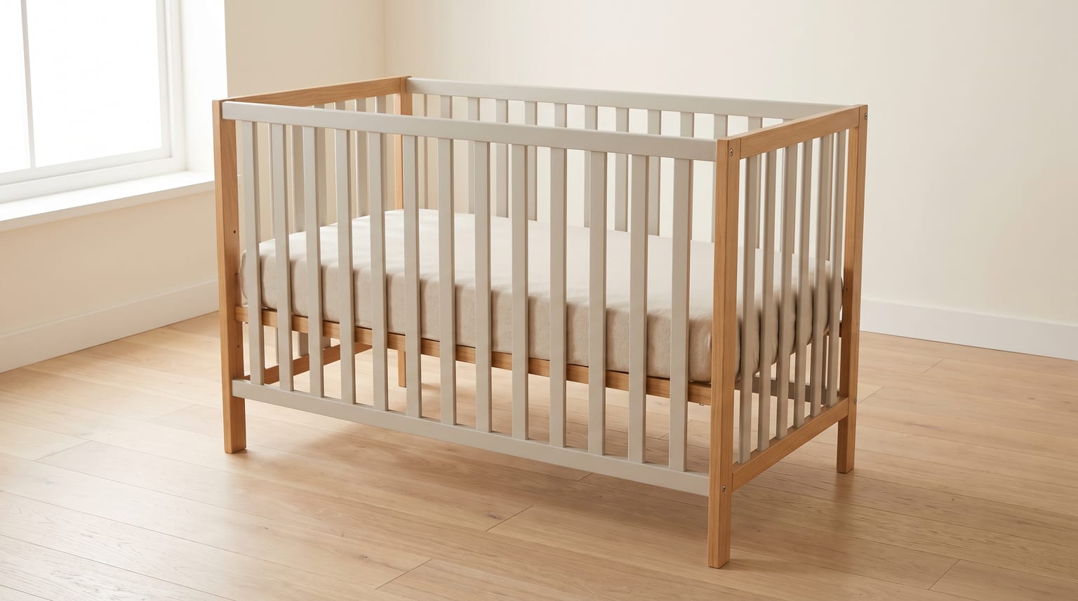 An empty four-sided wooden cot with a flat mattress and plain fitted sheet in a bright room.