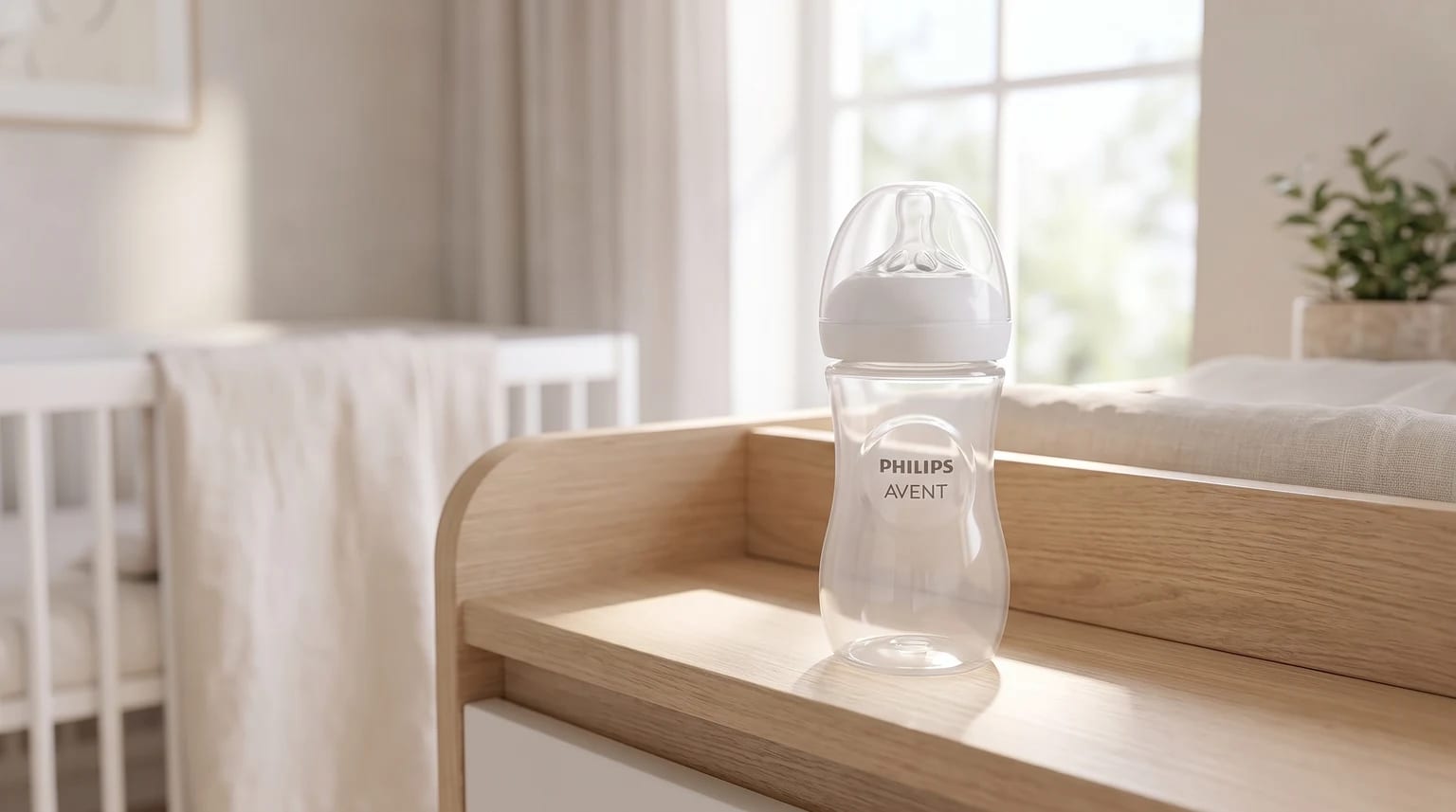 A Philips Avent baby bottle sitting on a light wood changing unit in a bright, modern nursery with a white cot in the background.