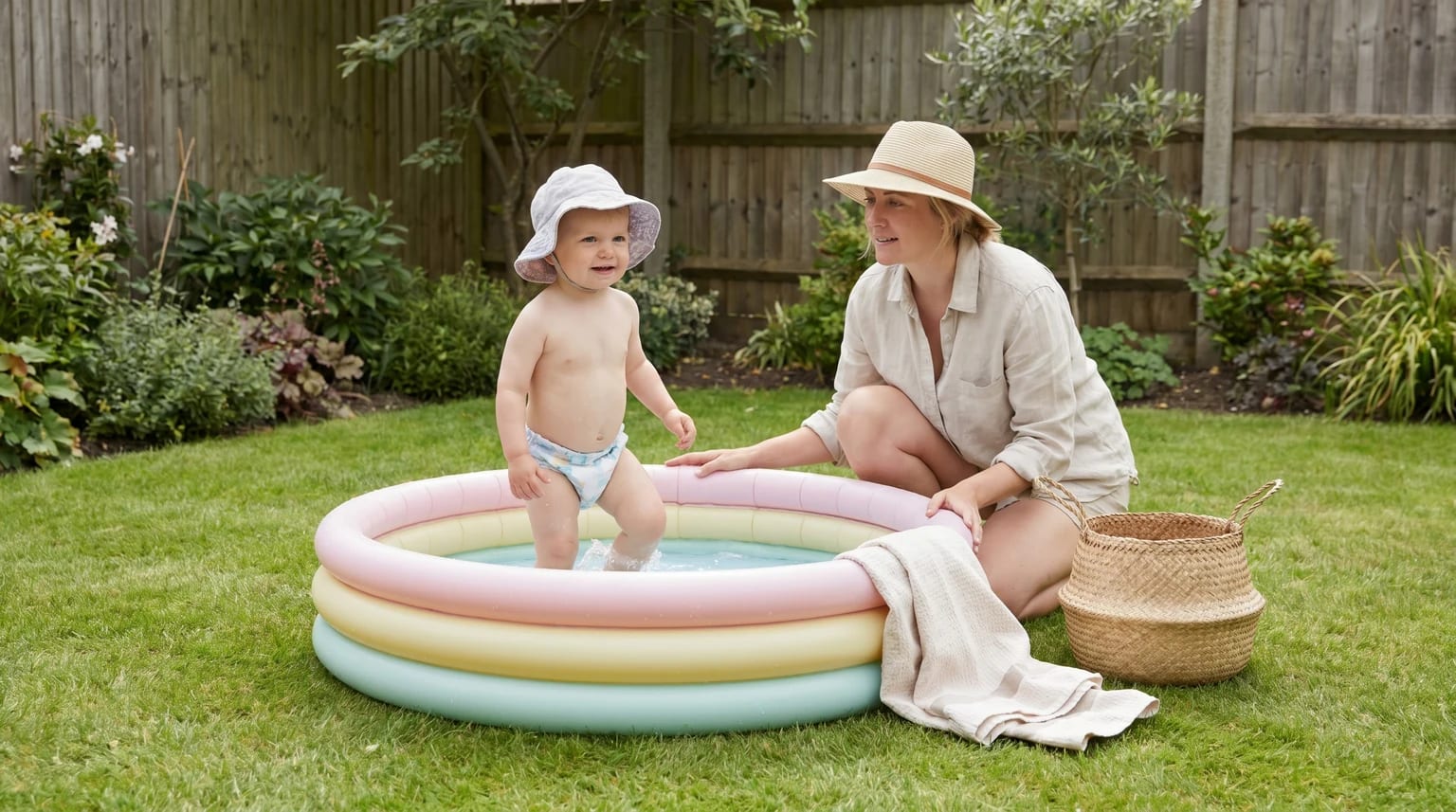 A baby in a sun hat and nappy stands in a colourful paddling pool on a garden lawn, as a woman kneels beside them.