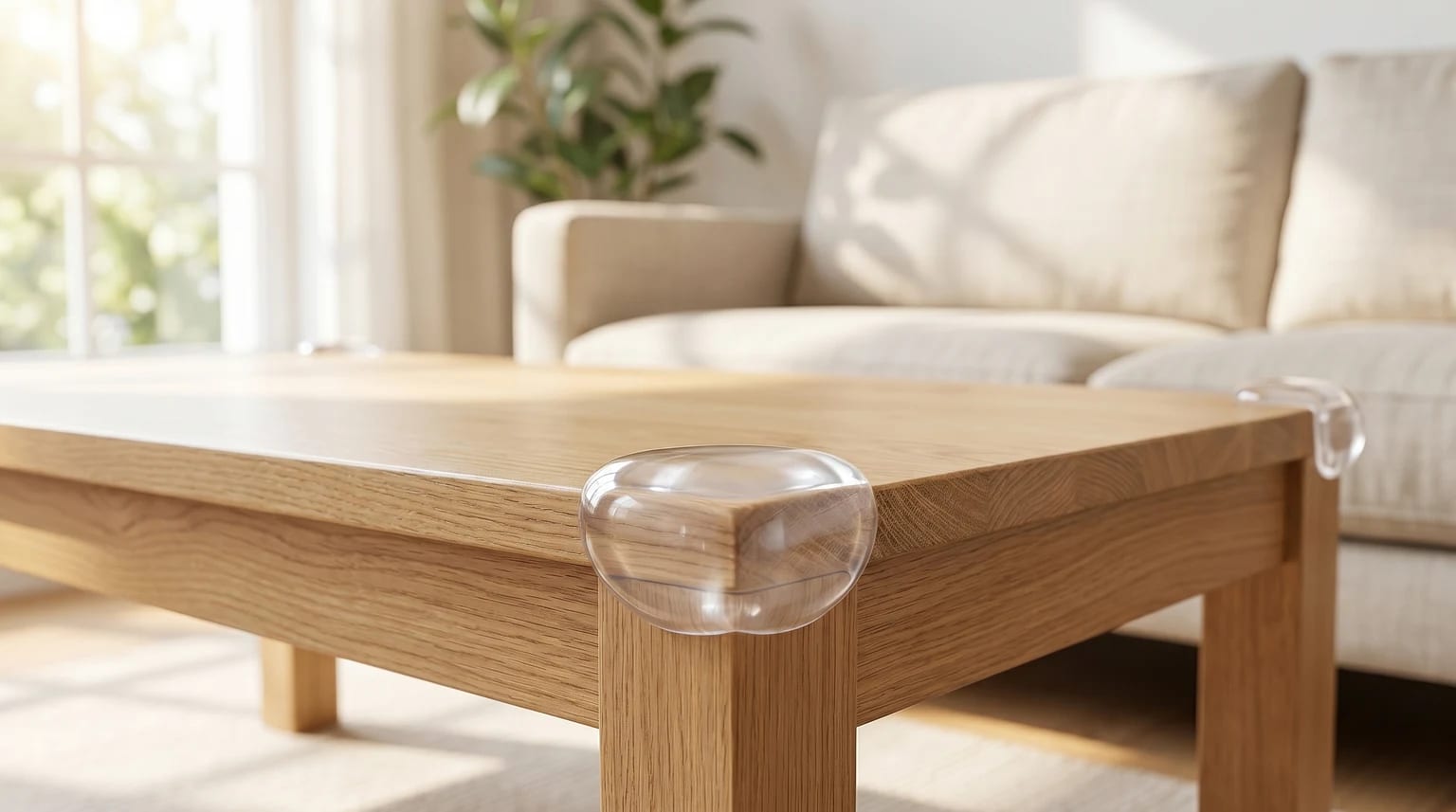 A clear, rounded corner protector fitted onto the sharp corner of a light wood coffee table in a sunlit living room.