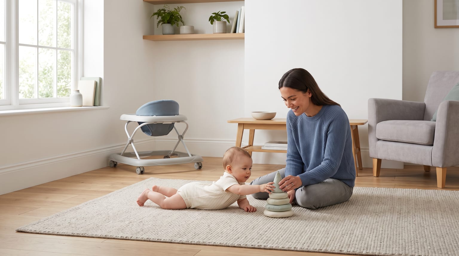 Parent playing with a baby on the floor beside an empty mobile sit-in baby walker.