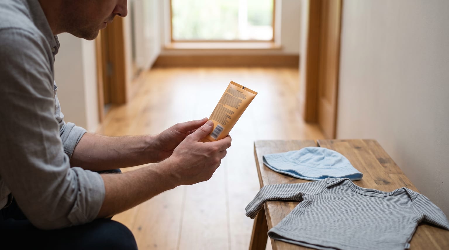 A carer checks an unbranded tube of sun cream beside a baby's sunhat and lightweight clothing.