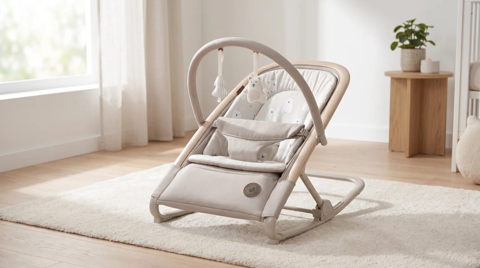 A beige baby bouncer with a wood-effect frame and a polar bear print seat, sitting on a rug in a sunlit room.