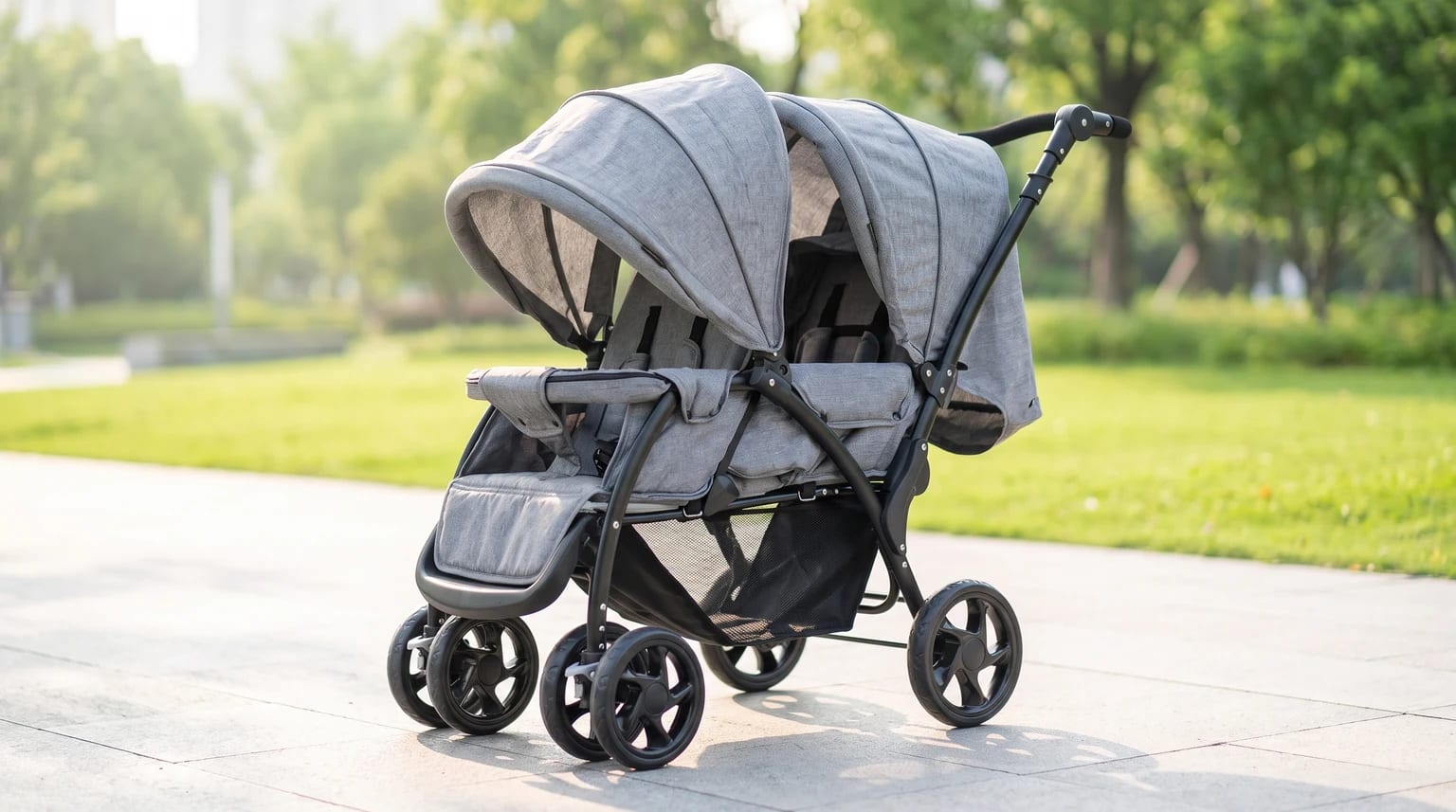 A grey tandem double buggy stands on a paved path in a park on a sunny day.