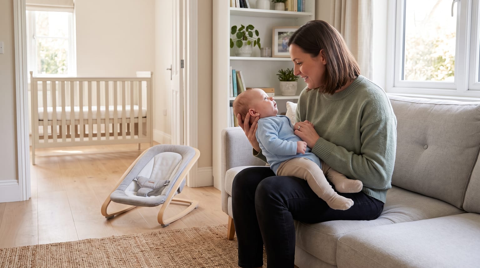 A woman sits on a sofa in a bright living room, smiling at the baby she holds in her lap. An empty baby bouncer rests on the floor nearby.