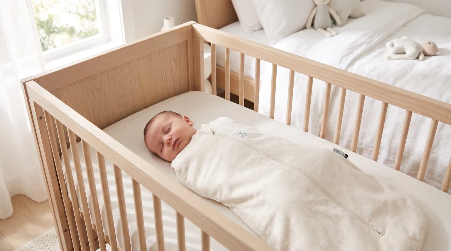 A newborn baby lying on their back in a pale ergoPouch swaddle sleeping bag inside a clear light-wood cot.