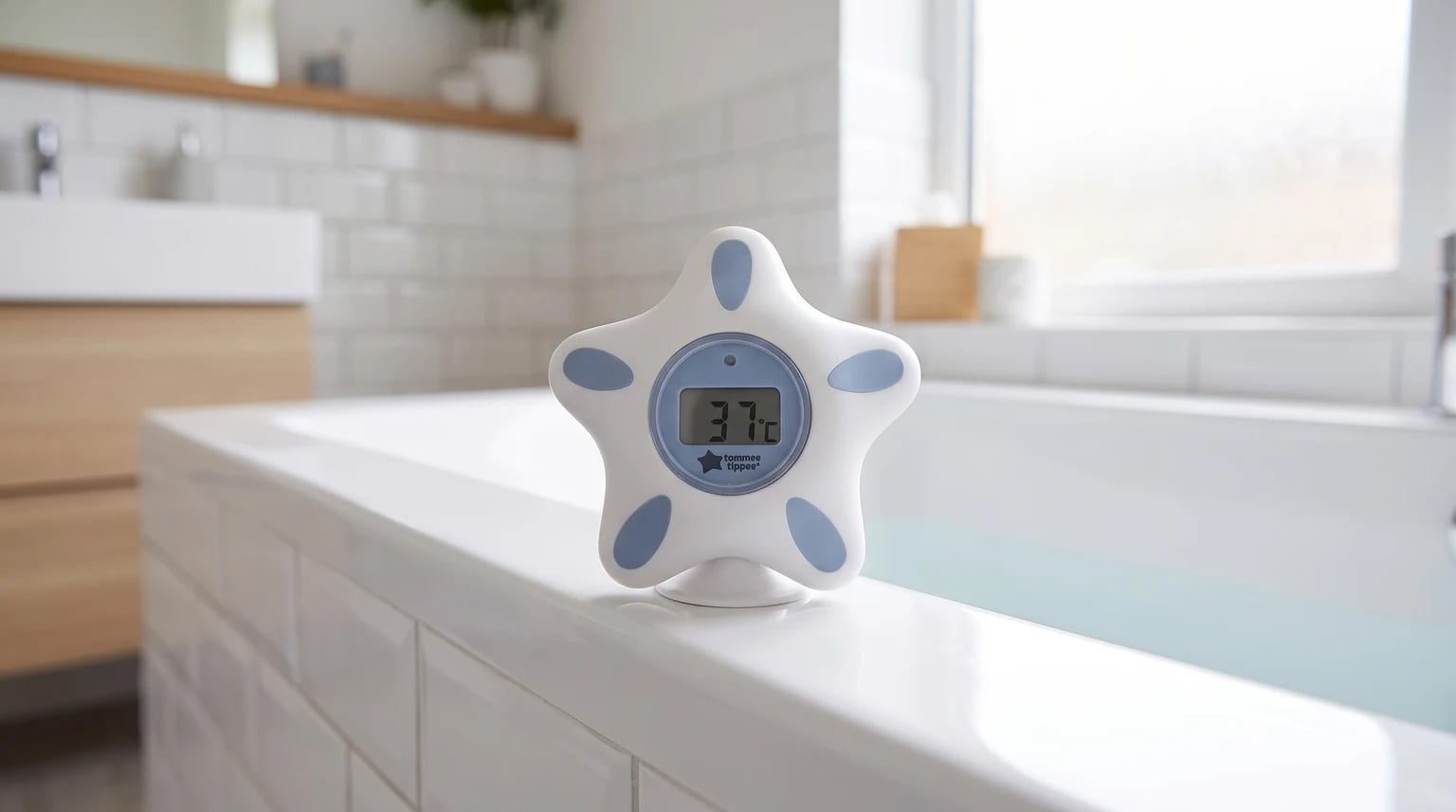 A white and blue star-shaped bath thermometer resting on the edge of a bath, its digital display showing a temperature of 37°C.