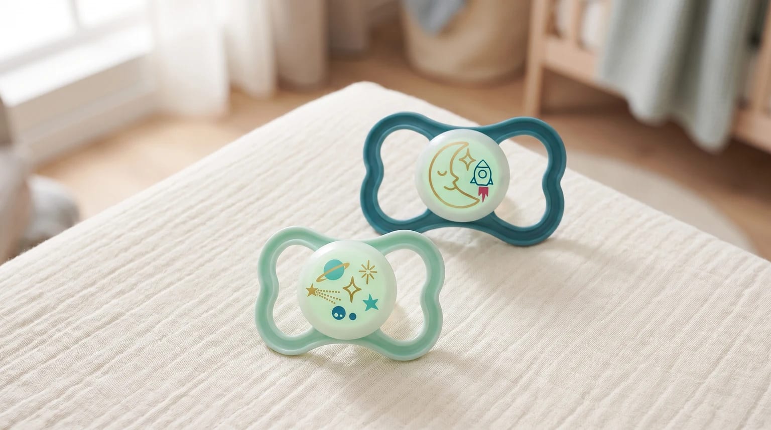 Two glow-in-the-dark dummies with space-themed designs, one mint green and one teal, rest on a white muslin cloth in a bright nursery.