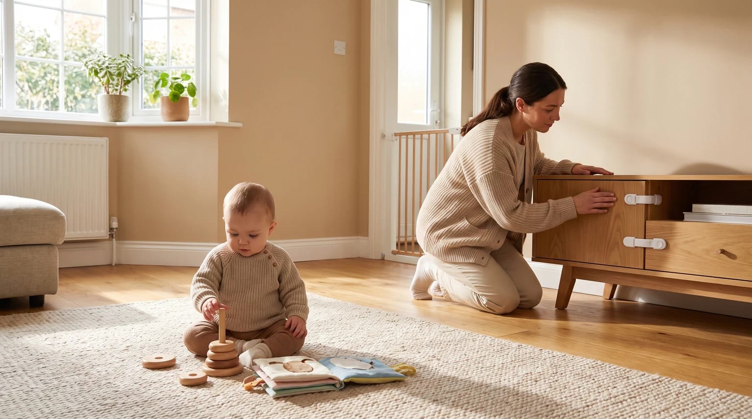 Baby playing safely on a rug in a baby-proofed living room.