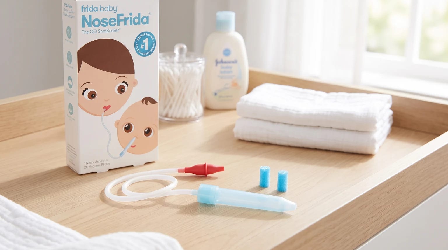 The NoseFrida nasal aspirator and its filters laid out on a wooden changing table, next to the product box and other baby toiletries.