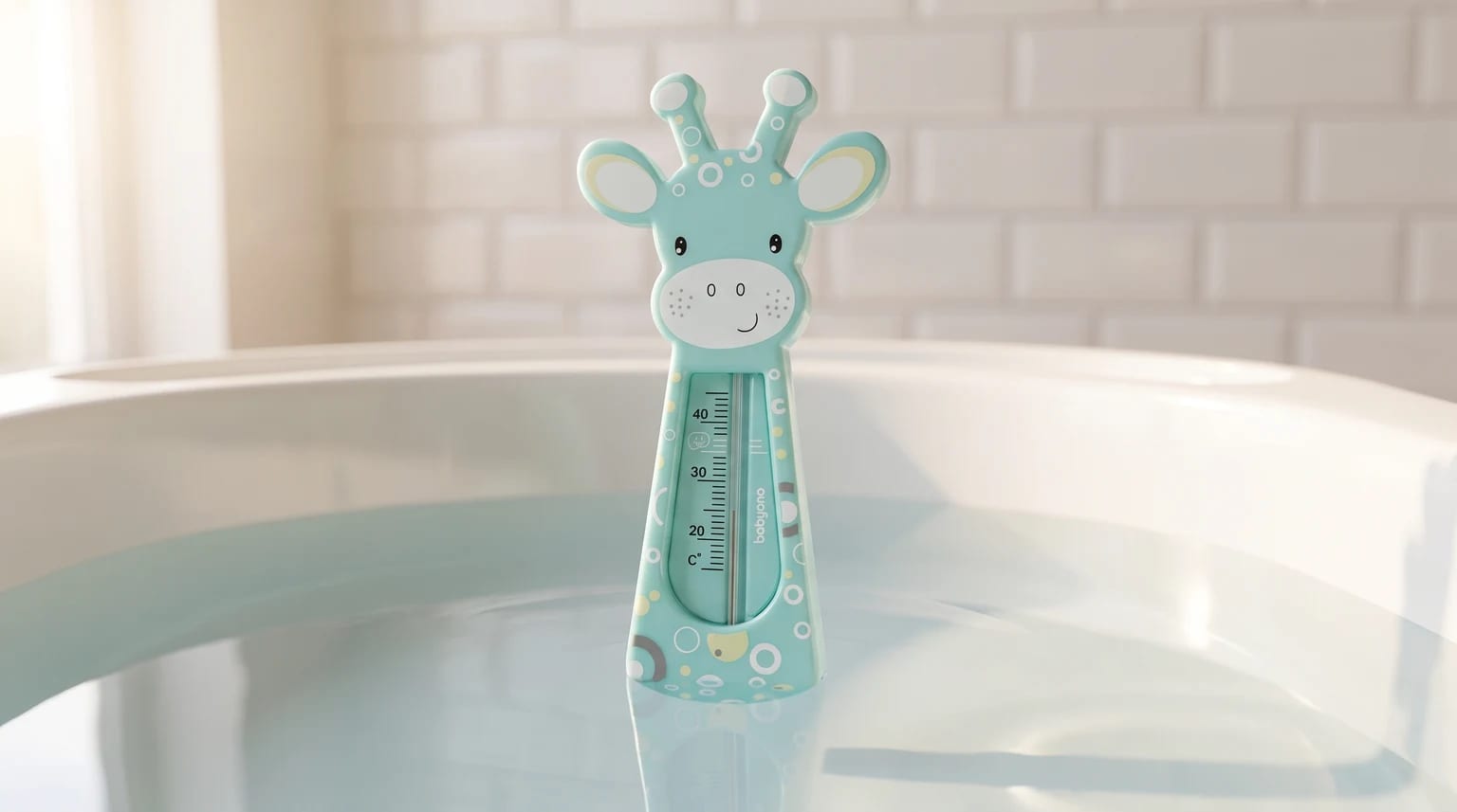A light blue bath thermometer, shaped like a friendly giraffe, stands in the water of a baby bath.