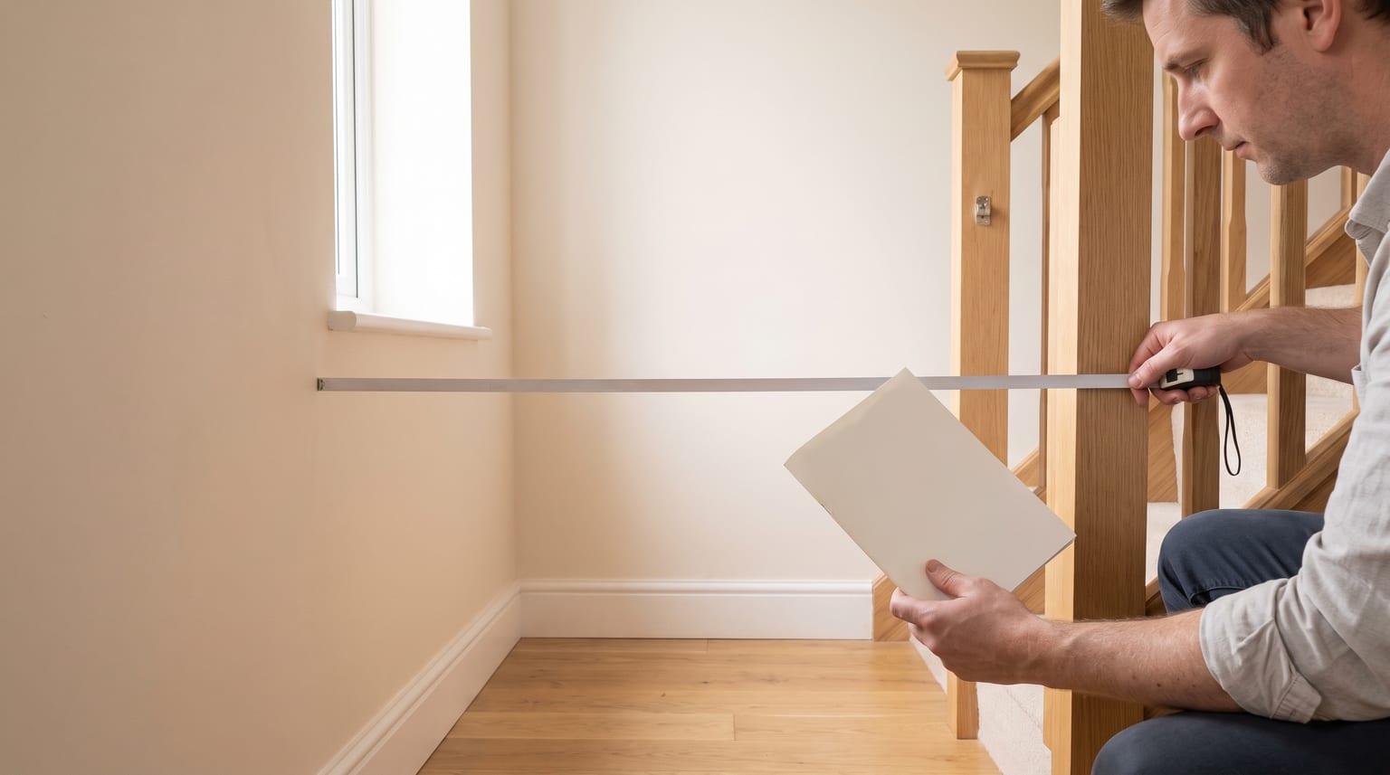 Parent measuring an opening between a wall and stair banister while holding gate instructions.
