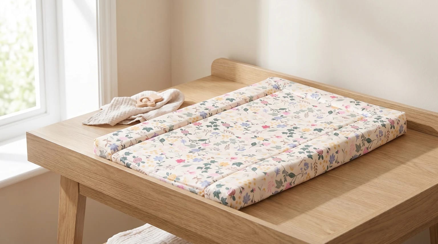 A floral-patterned baby changing mat with raised edges on a light oak changing table, next to a window.