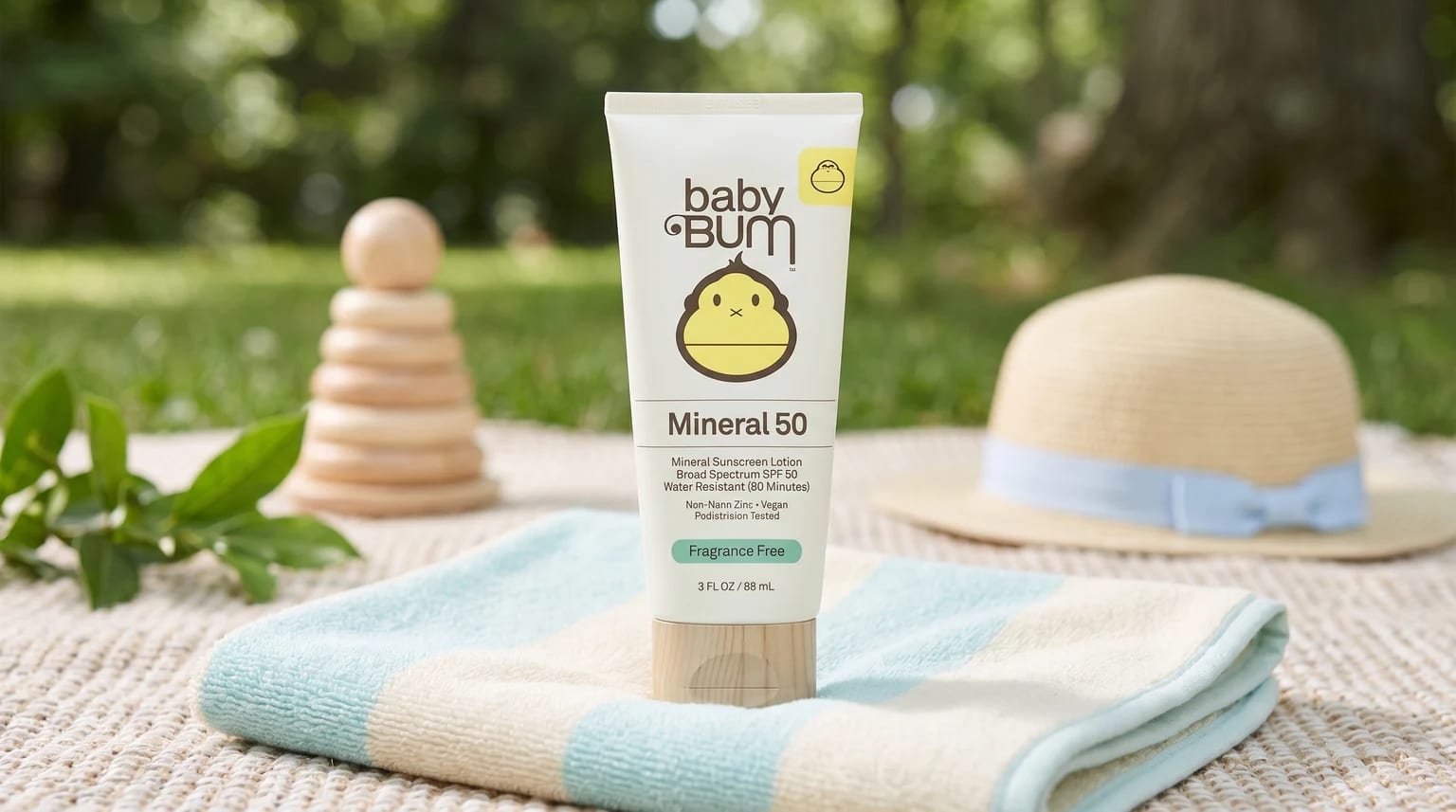 A tube of Baby Bum mineral sunscreen lotion rests on a striped towel on a picnic blanket, with a child's sun hat and wooden toy in the background.