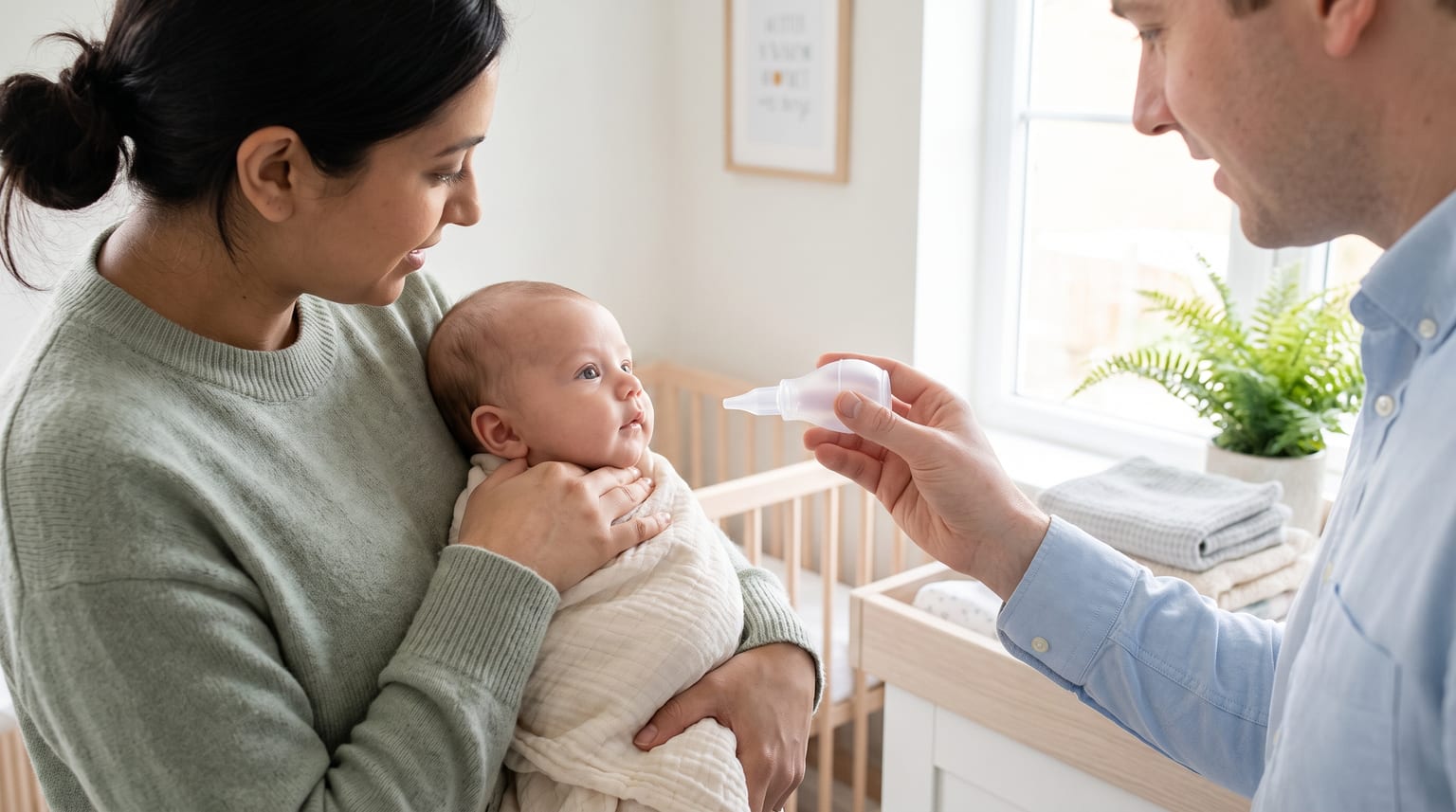 Two carers support a calm baby while holding a soft-tipped nasal aspirator ready near the nose.