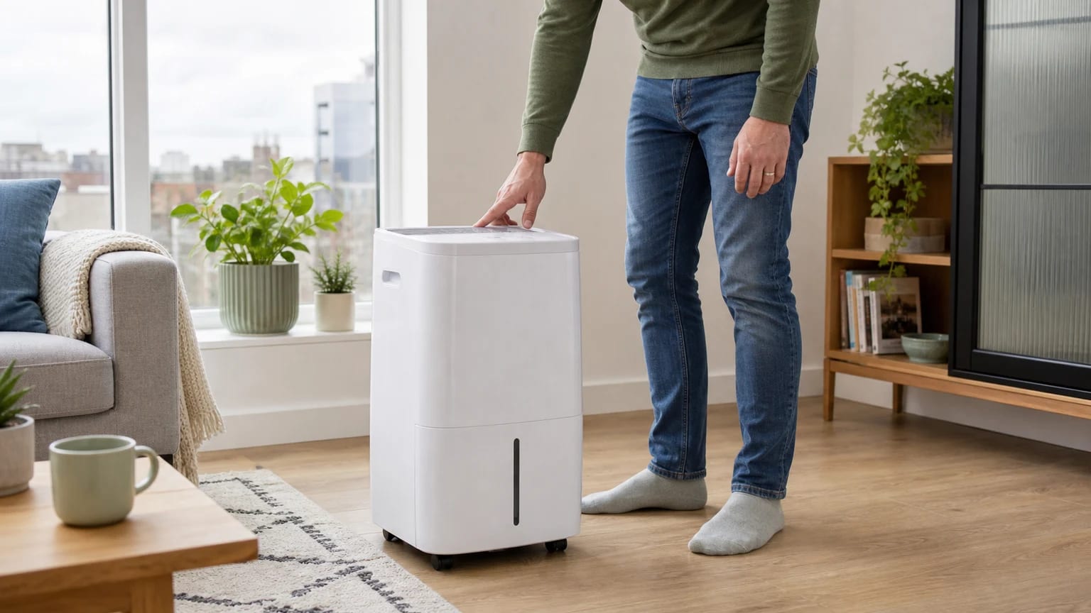 Adult checking a white dehumidifier in a bright modern living room.