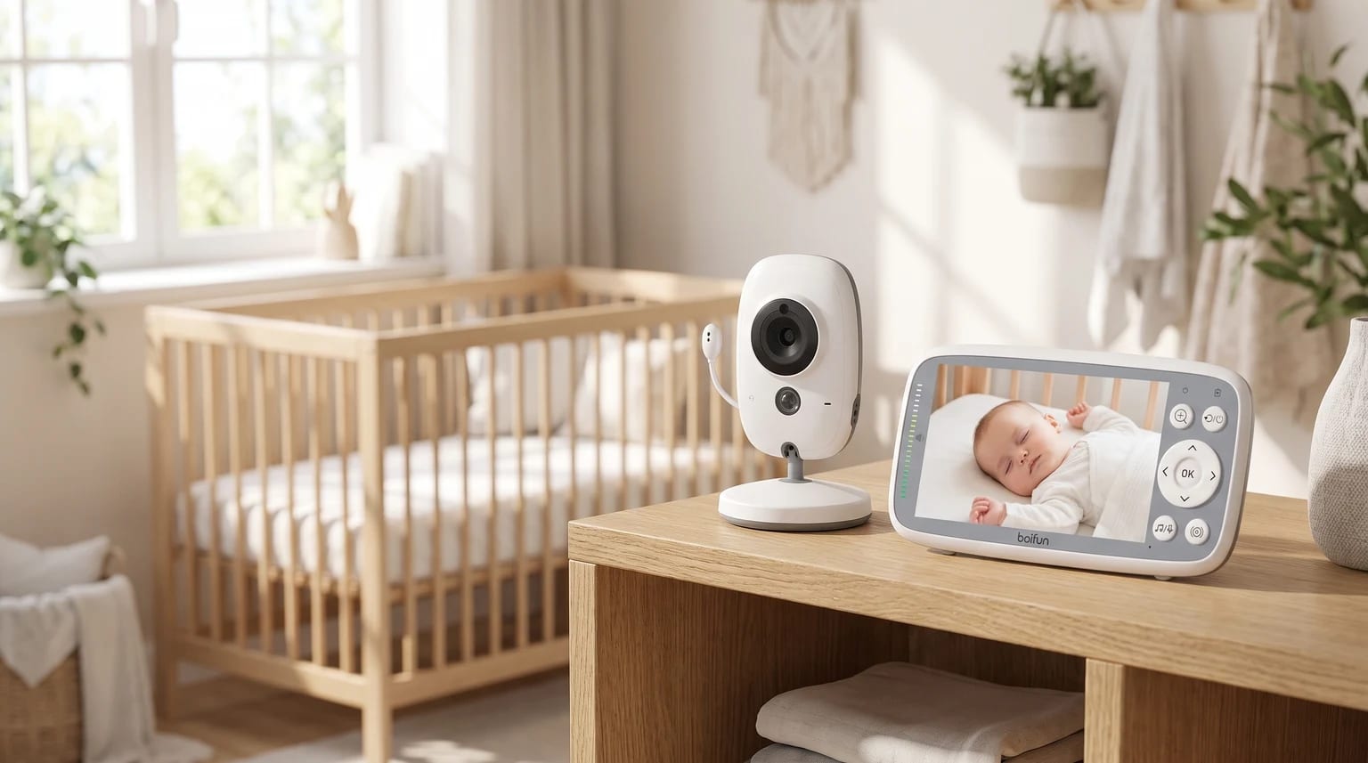 A white video baby monitor on a wooden surface in a bright nursery. The screen displays a clear image of a baby sleeping peacefully in their cot.